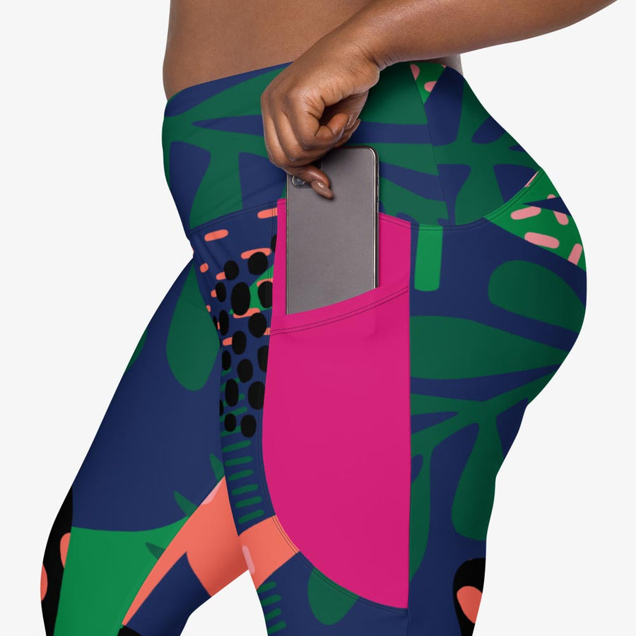 Recycled Floral Leggings "Floral Funk" (Blue, Green, Coral) with pockets