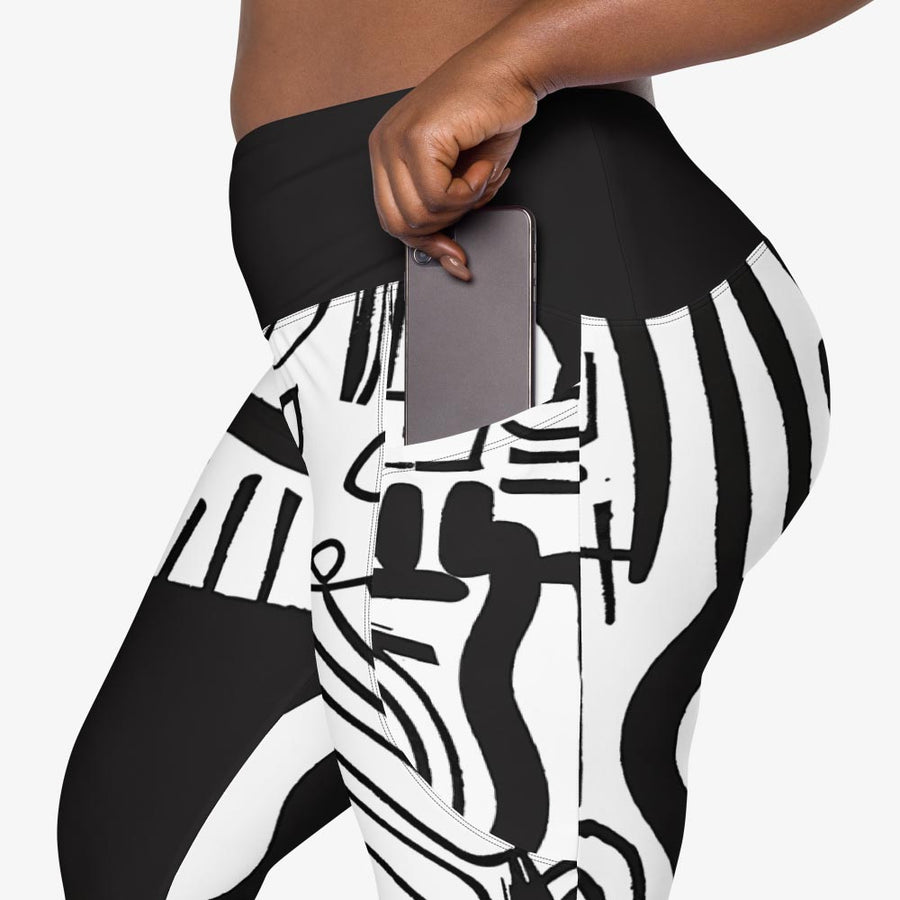 Recycled Printed Leggings "Black and Wow" Black/White with pockets