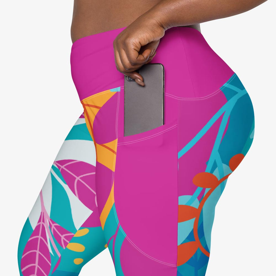 Recycled Leggings with Pockets "Petal Party" Turquoise/Fuchsia