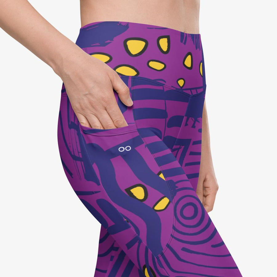 Recycled Printed Leggings "Electric Maze" Purple/Yellow with pockets