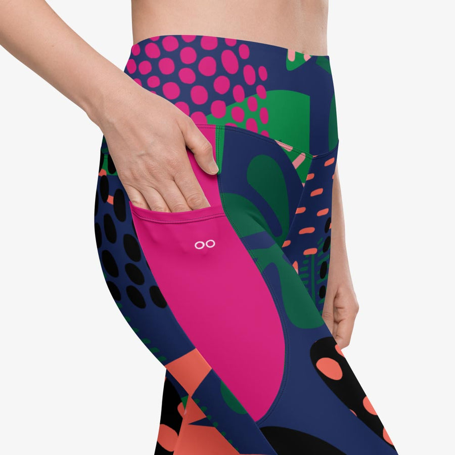 Recycled Floral Leggings "Floral Funk" (Blue, Green, Coral) with pockets
