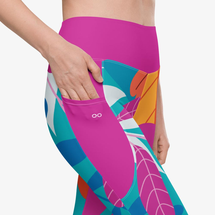 Recycled Leggings with Pockets "Petal Party" Turquoise/Fuchsia