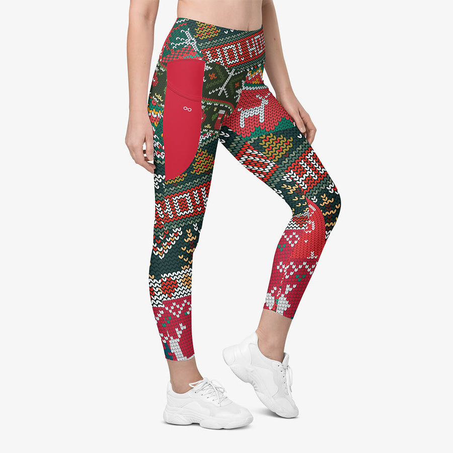 Recycled Printed Leggings "Oh! Oh! Oh!" Red/Green with pockets