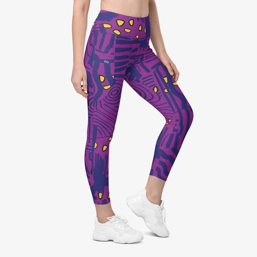 Recycled Printed Leggings "Electric Maze" Purple/Yellow with pockets