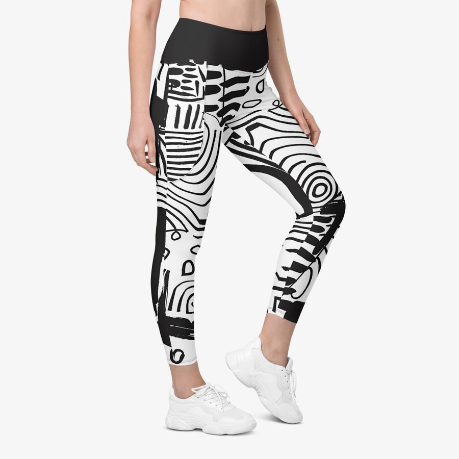 Recycled Printed Leggings "Black and Wow" Black/White with pockets