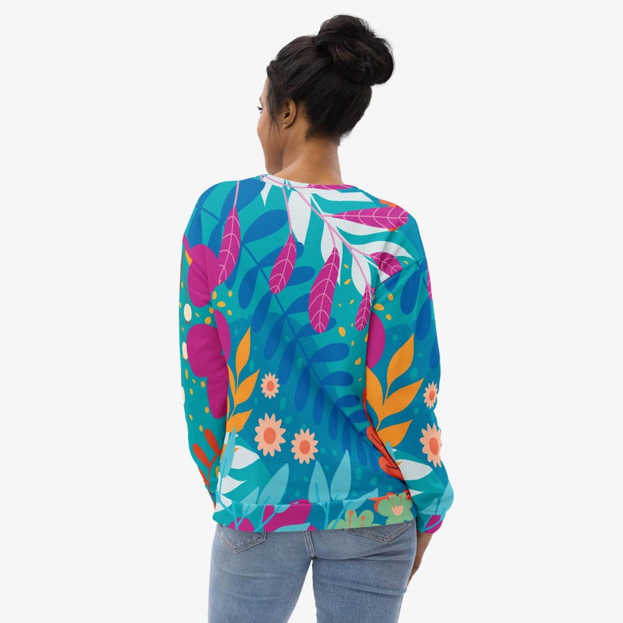 Recycled Fleece Sweatshirt "Petal Party" Turquoise/Fuchsia