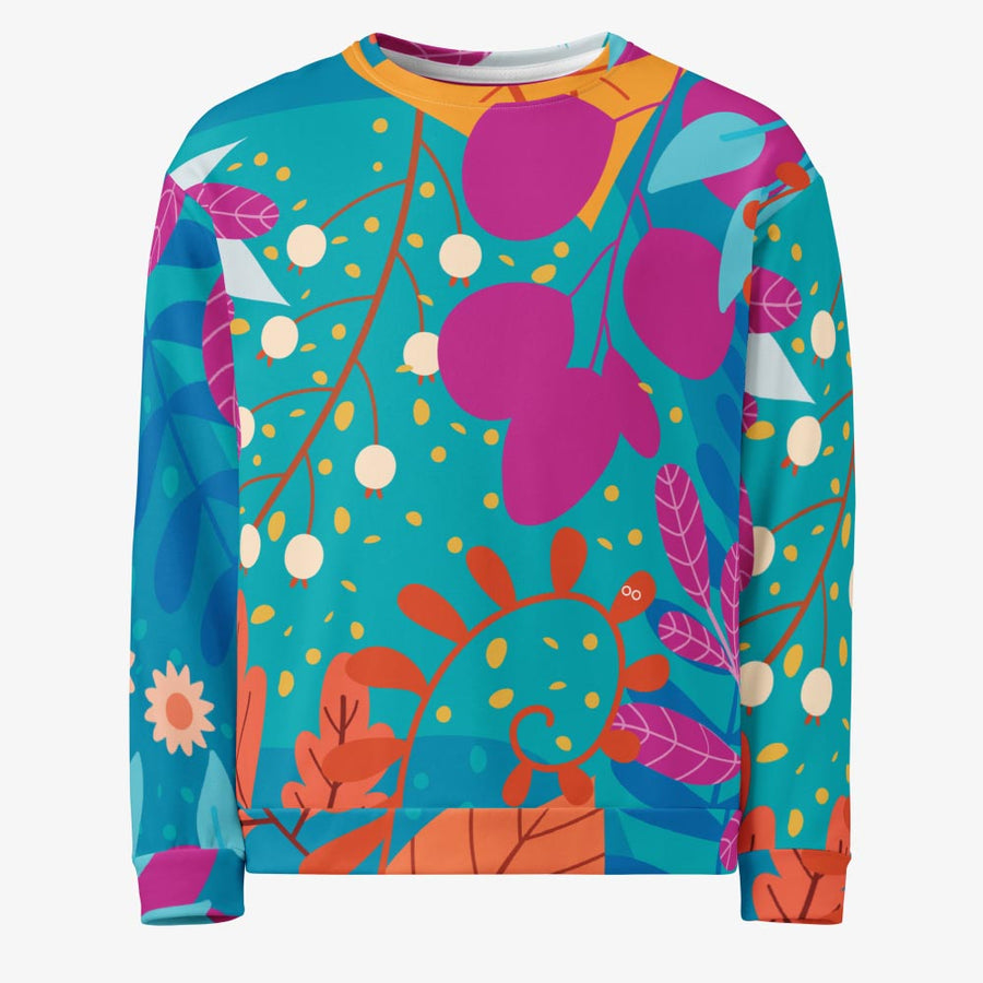 Recycled Fleece Sweatshirt "Petal Party" Turquoise/Fuchsia