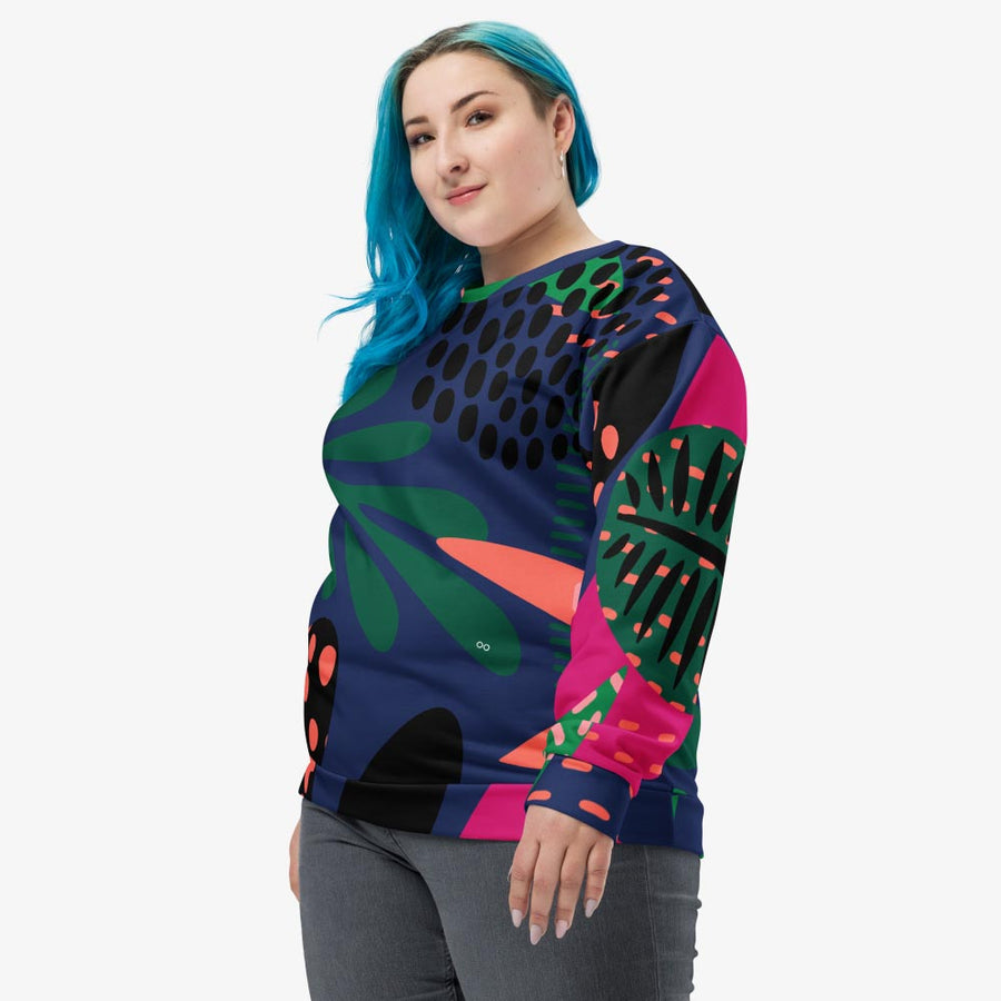 Recycled Fleece Sweatshirt "Floral Funk" Blue, Green, Coral
