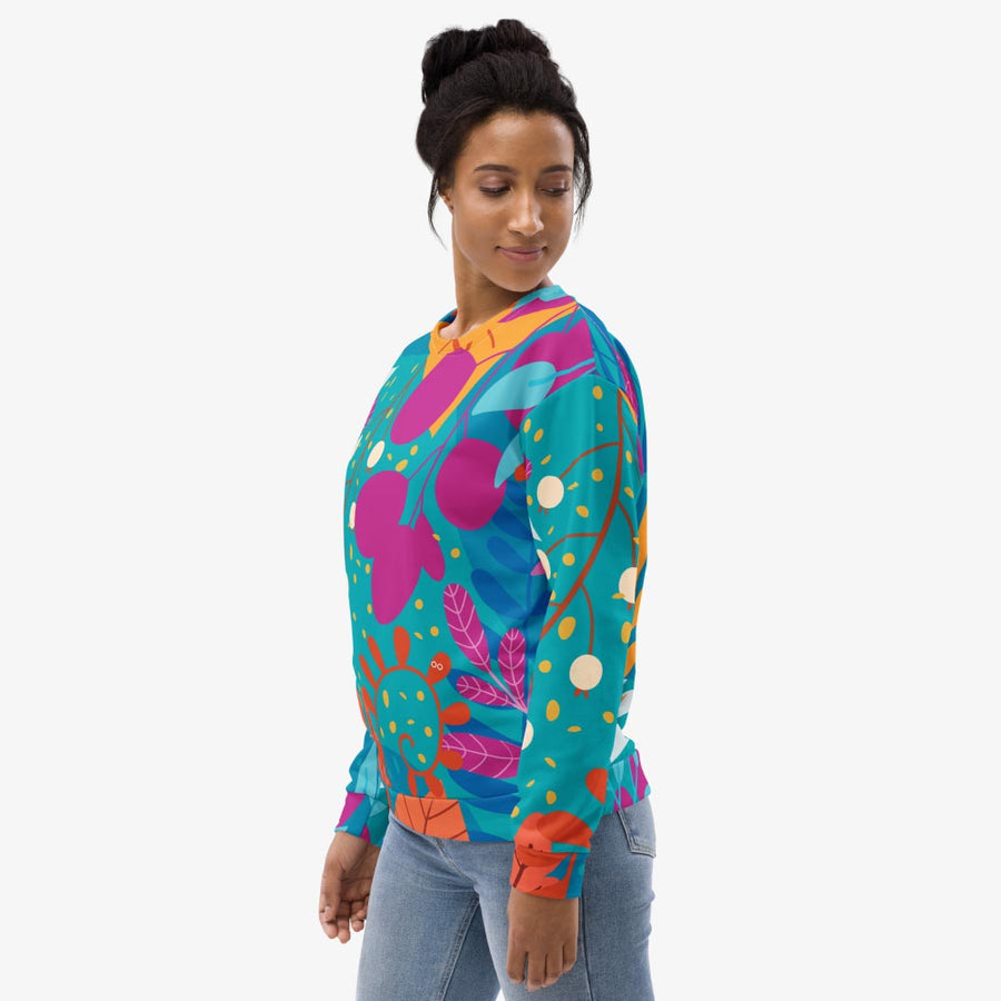 Recycled Fleece Sweatshirt "Petal Party" Turquoise/Fuchsia