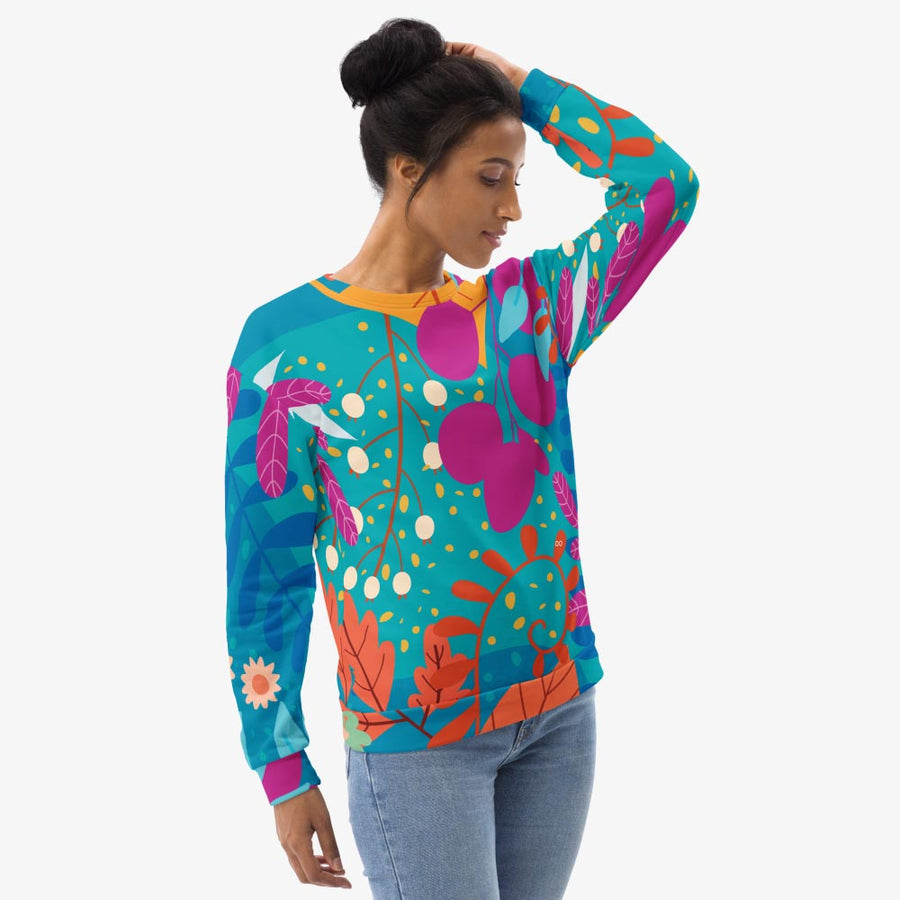 Recycled Fleece Sweatshirt "Petal Party" Turquoise/Fuchsia