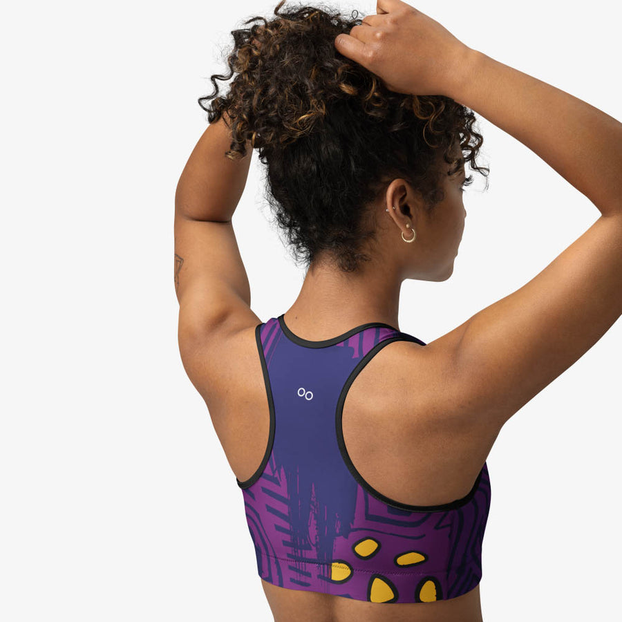 Printed Sports Bra "Electric Maze" Purple/Yellow