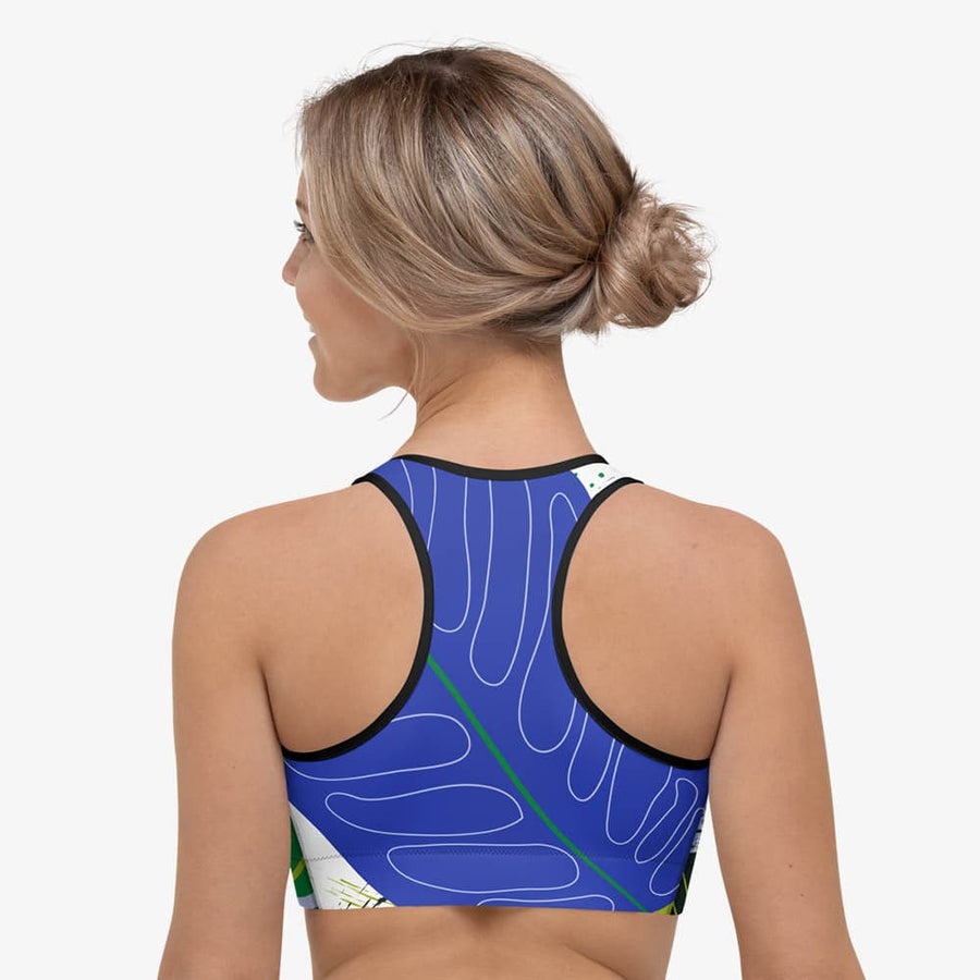 Floral Sports Bra "Abstract Leaves" Black/Blue/Green