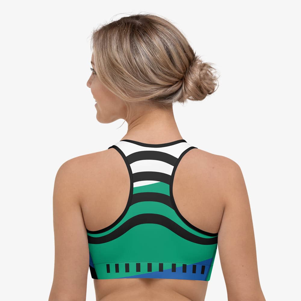 Black sports bra highlighting a racerback design.
