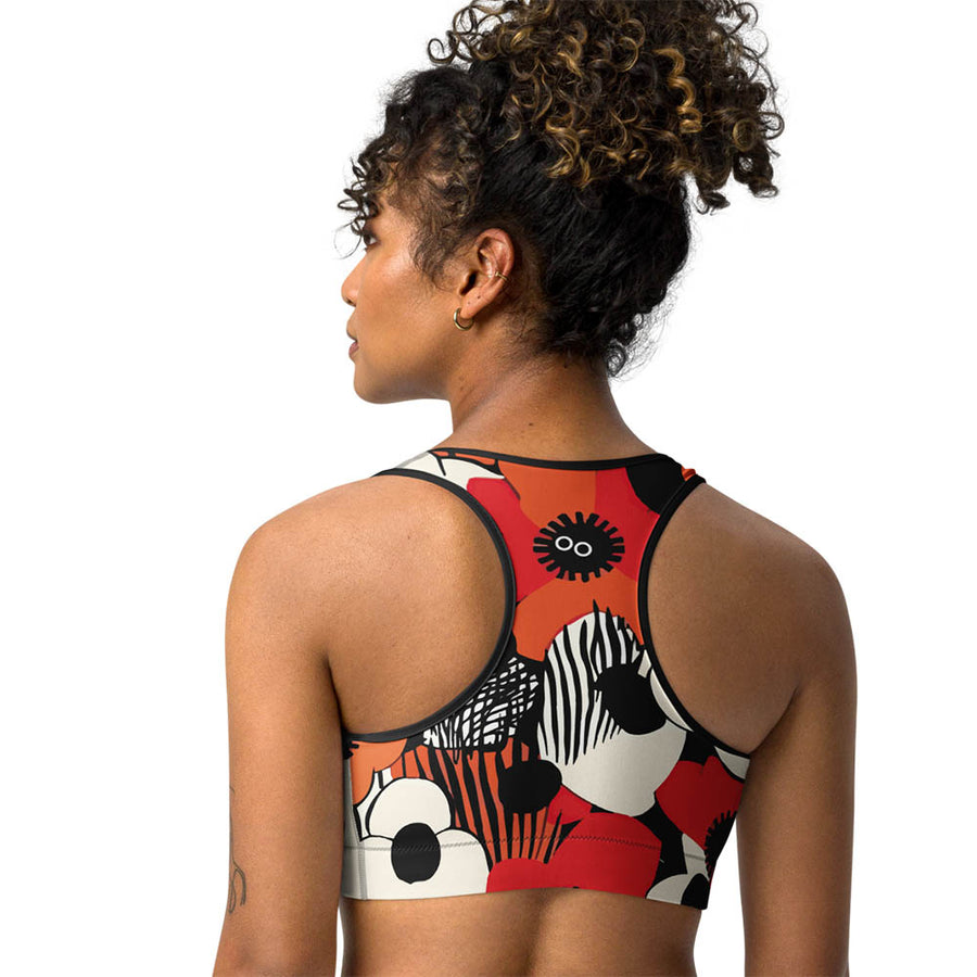 Floral Sports Bra "Zebra Blossom" Black/Red/Orange