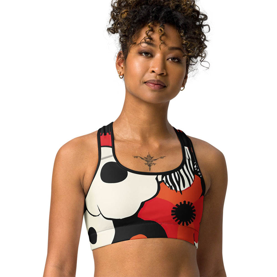 Floral Sports Bra "Zebra Blossom" Black/Red/Orange