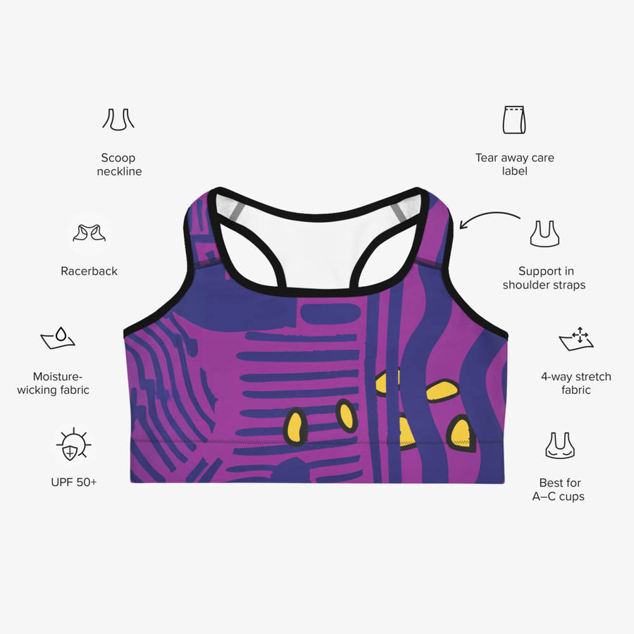 Printed Sports Bra "Electric Maze" Purple/Yellow