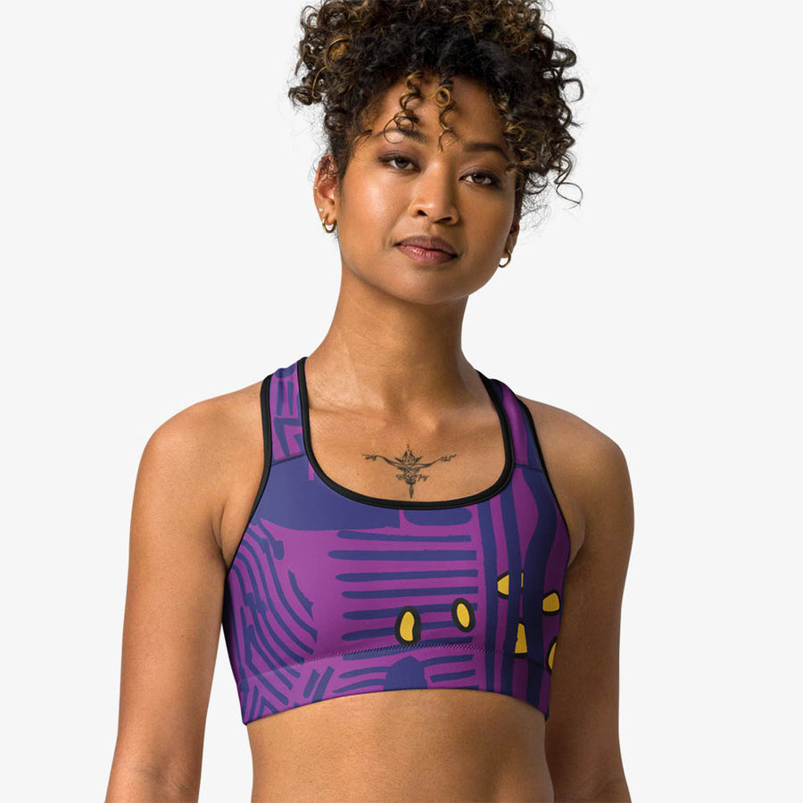Printed Sports Bra "Electric Maze" Purple/Yellow