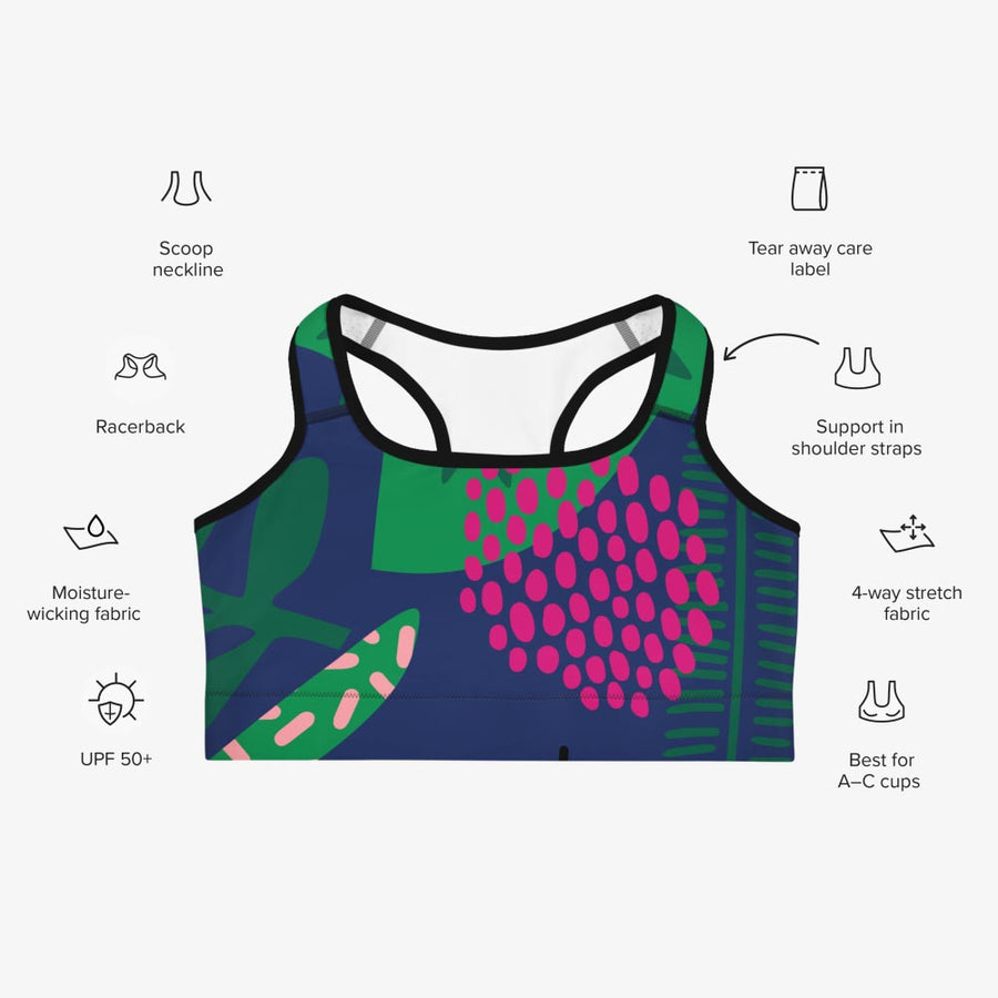 Floral Sports Bra "Floral Funk" (Blue, Green, Coral)