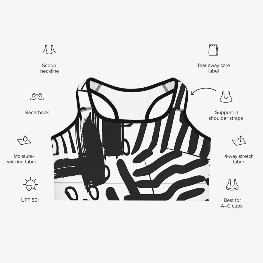 Printed Sports bra "Black and Wow" Black White
