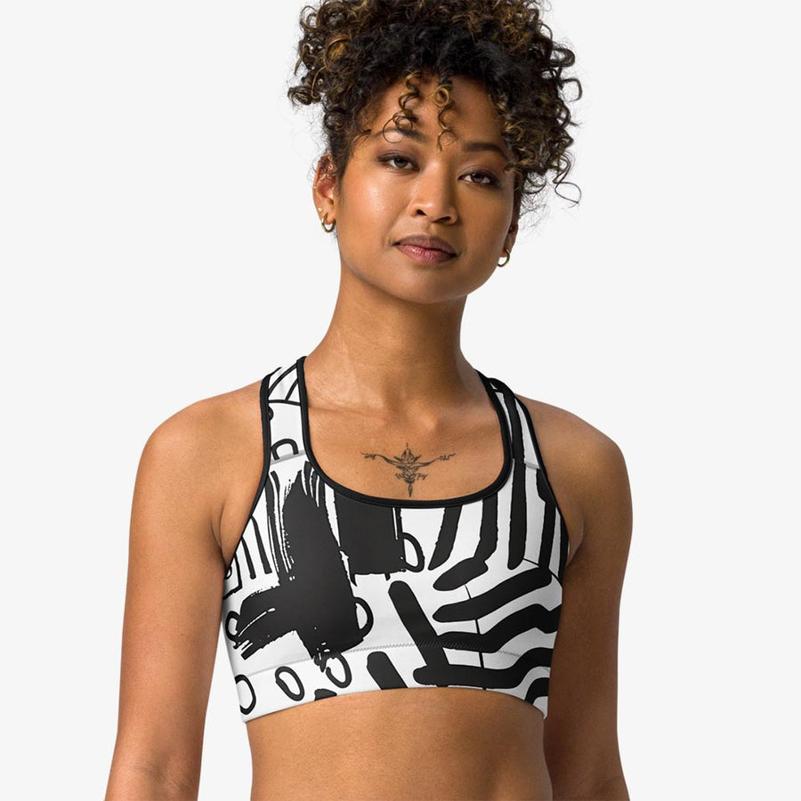 Printed Sports bra "Black and Wow" Black White