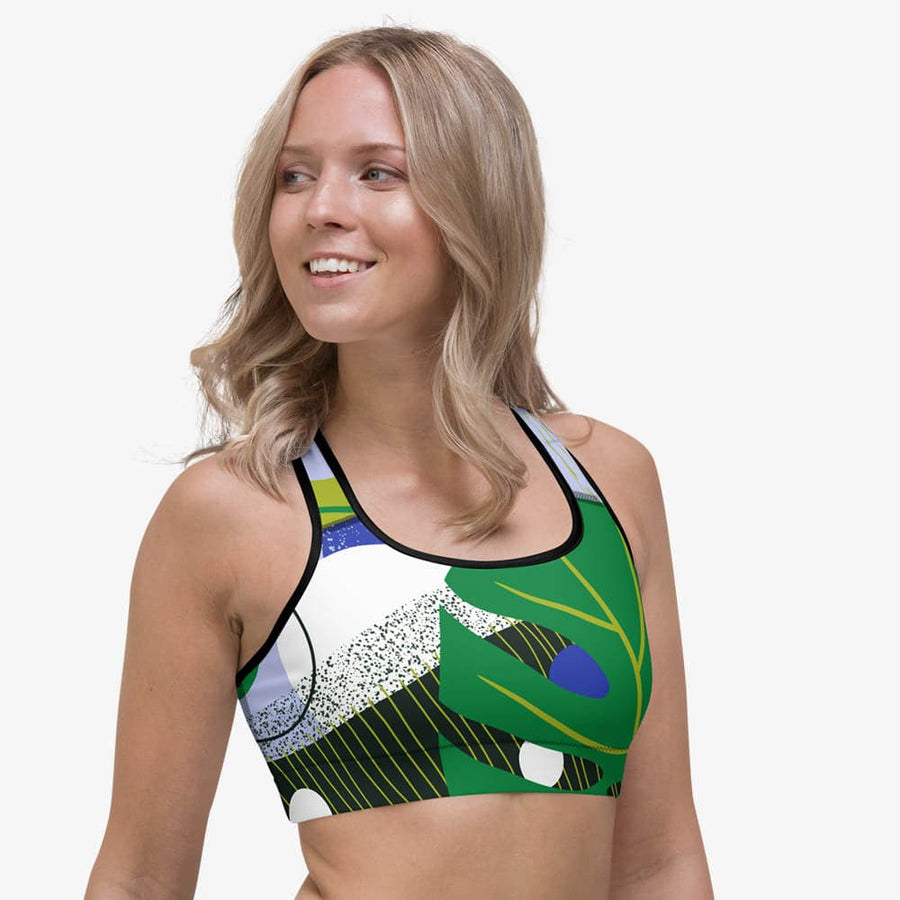 Floral Sports Bra "Abstract Leaves" Black/Blue/Green