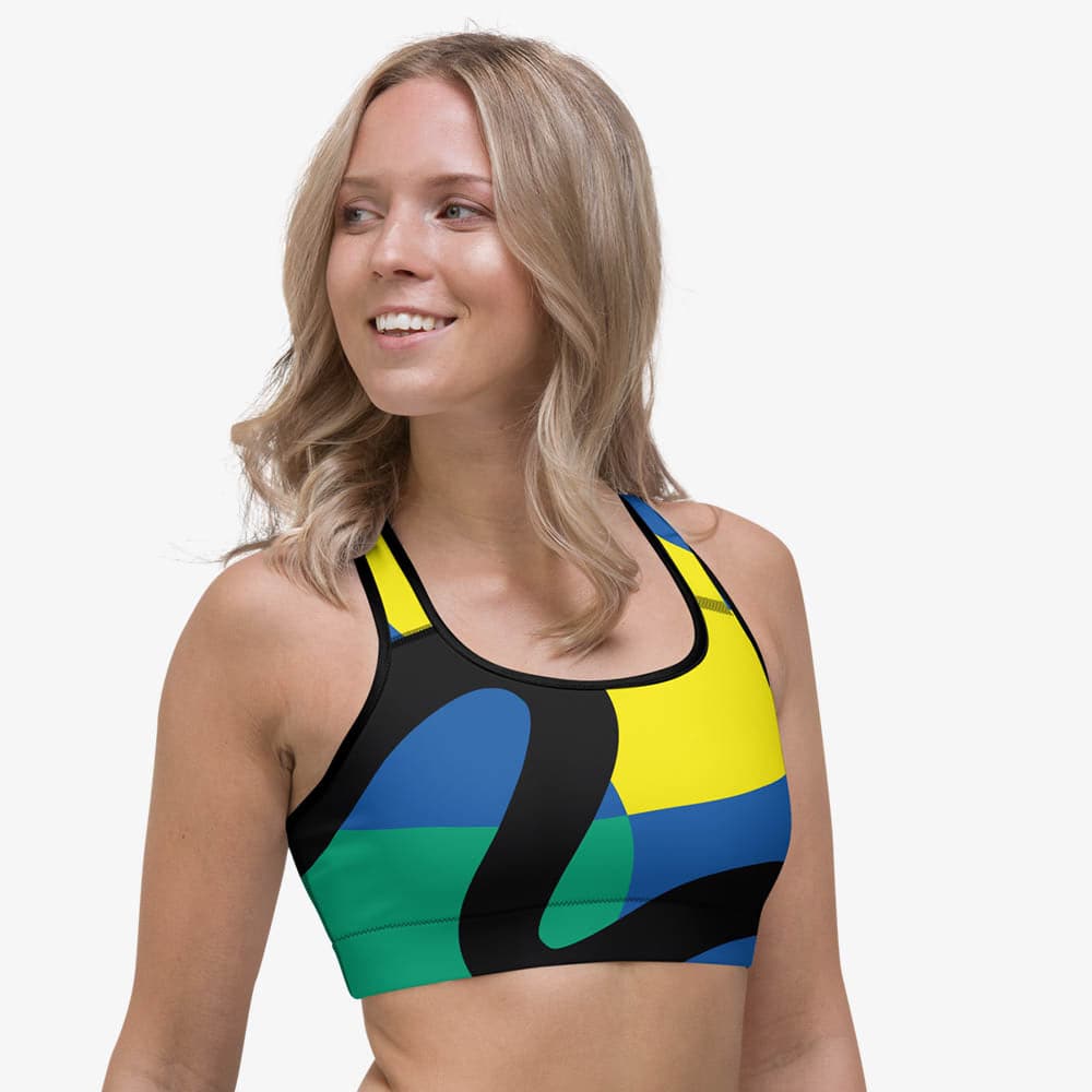 Close-up of black sports bra with abstract print, right view.