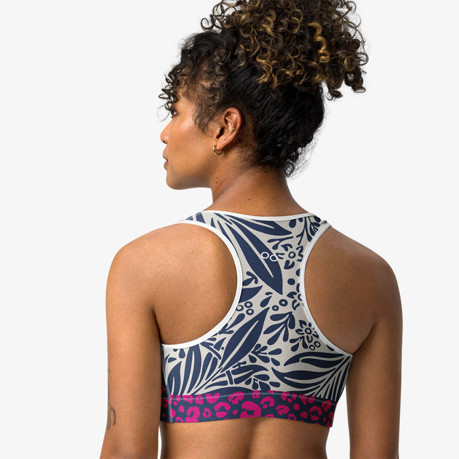 Floral Sports Bra "Palms & Pards" White/Blue/Fuchsia