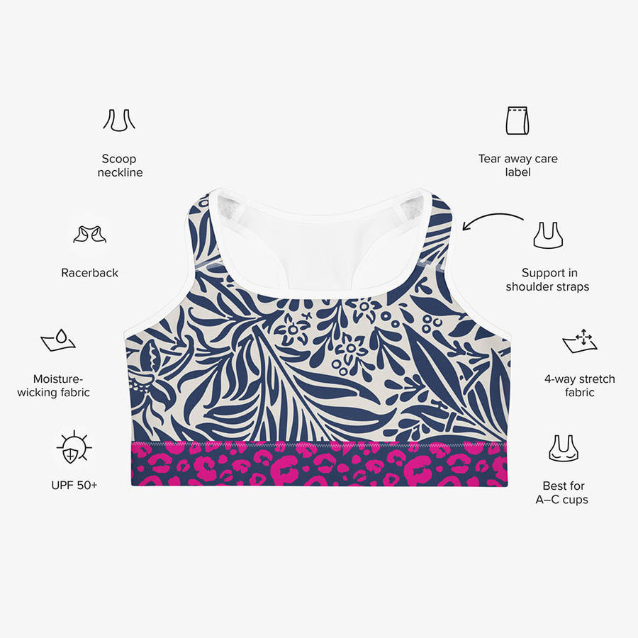 Floral Sports Bra "Palms & Pards" White/Blue/Fuchsia