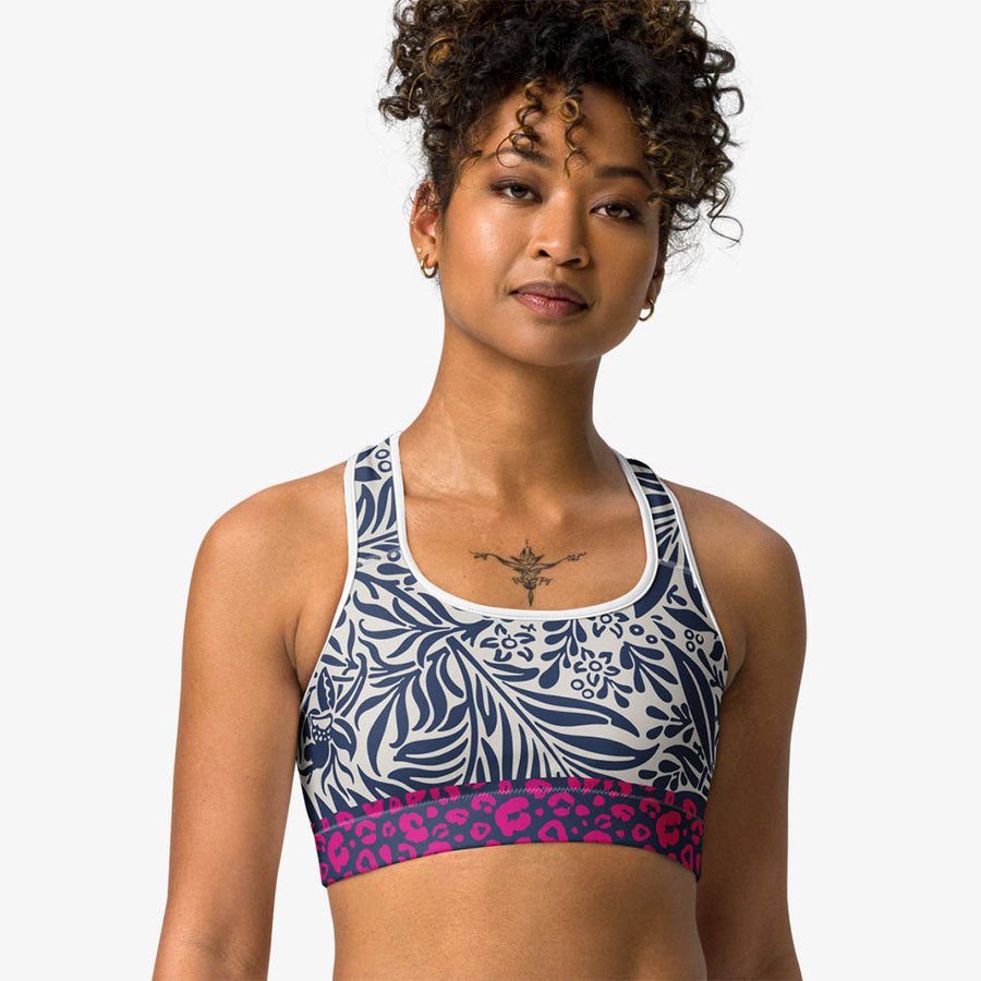Floral Sports Bra "Palms & Pards" White/Blue/Fuchsia