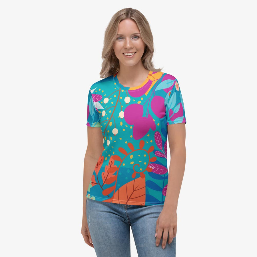 Stretchy Tee "Petal Party" Turquoise/Fuchsia