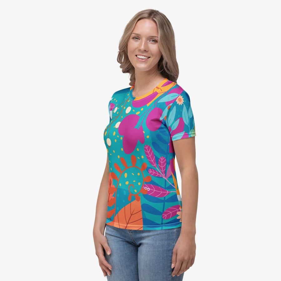 Stretchy Tee "Petal Party" Turquoise/Fuchsia