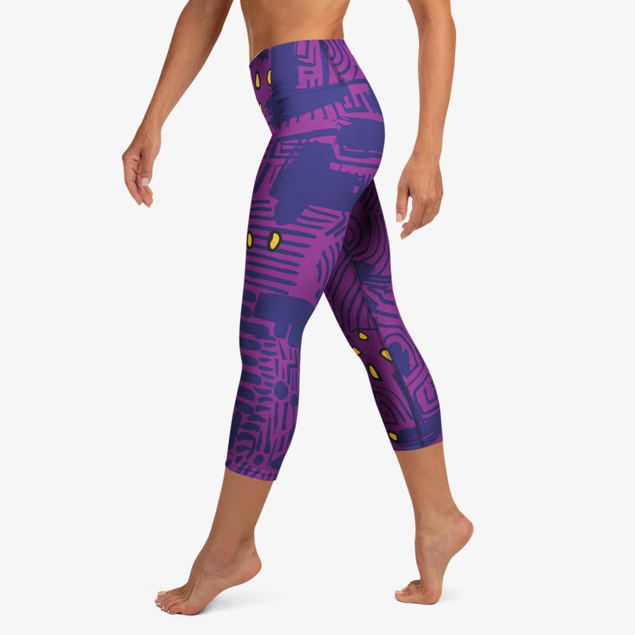 Printed Capris "Electric Maze" Purple/Yellow