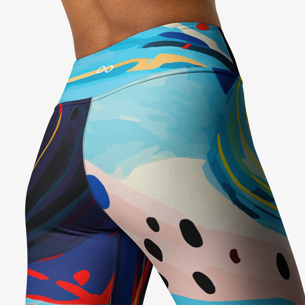 White yoga leggings with abstract print, back view.