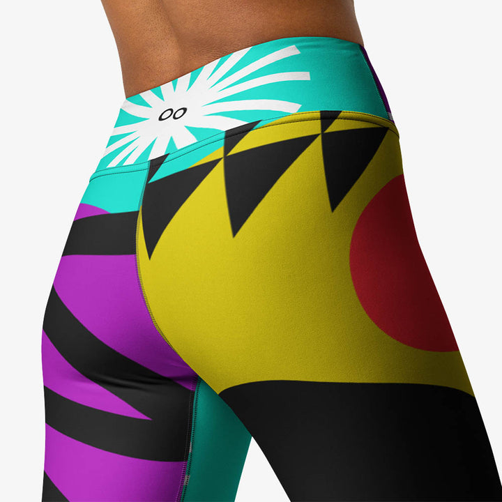 White yoga leggings with abstract print, back view.
