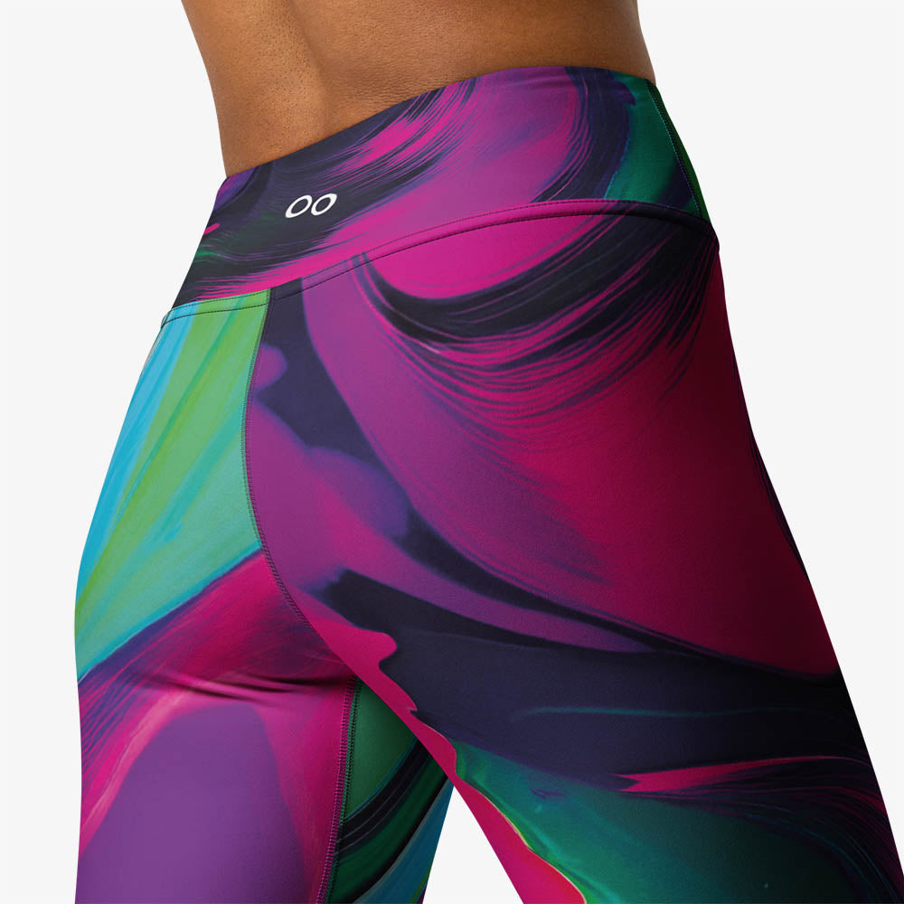 White yoga leggings with abstract print, back view.