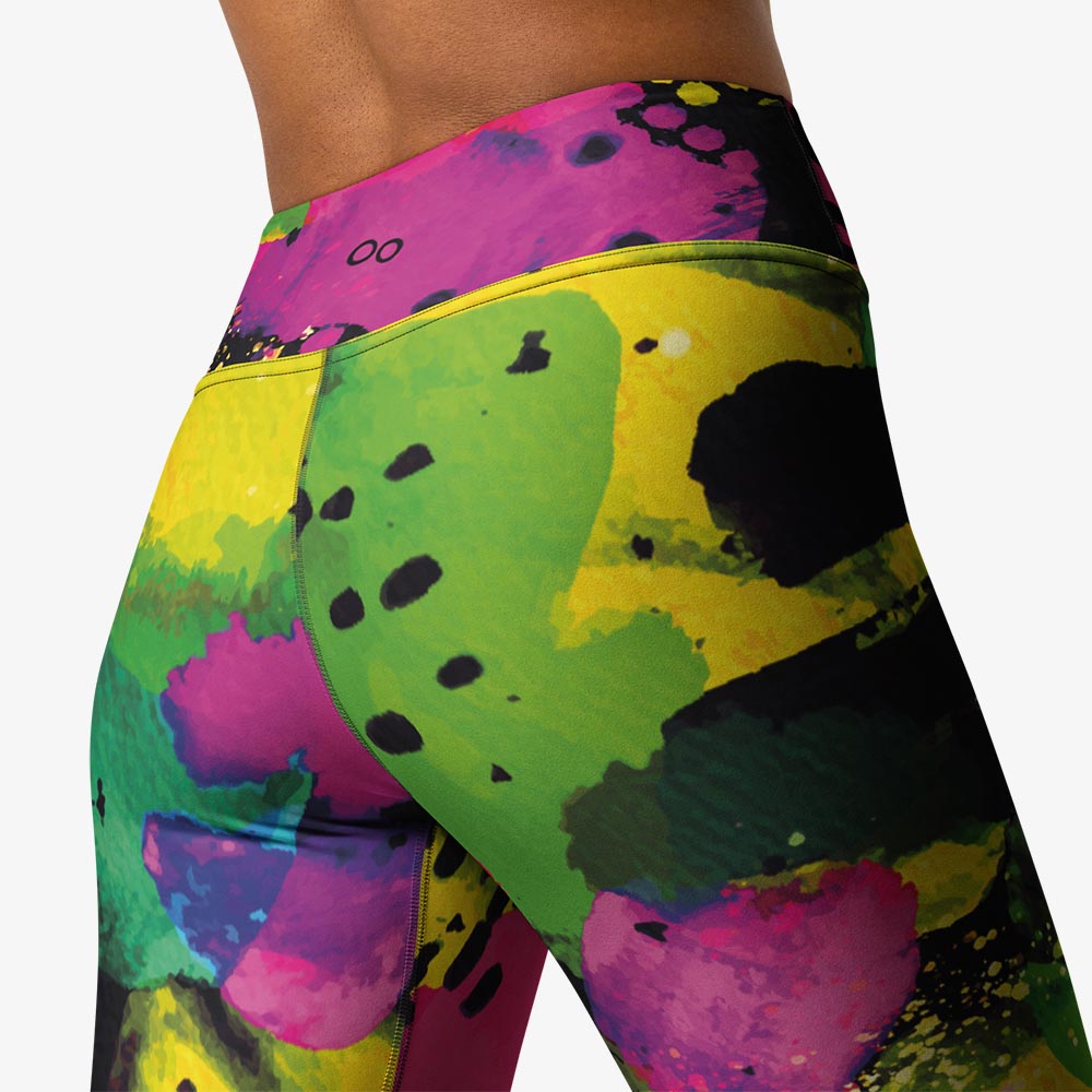 White yoga leggings with abstract print, back view.