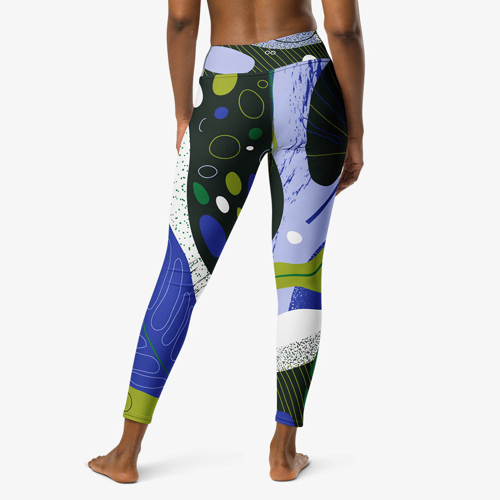 WAREHOUSE Floral Leggings "Abstract Leaves" Black/Blue/Green