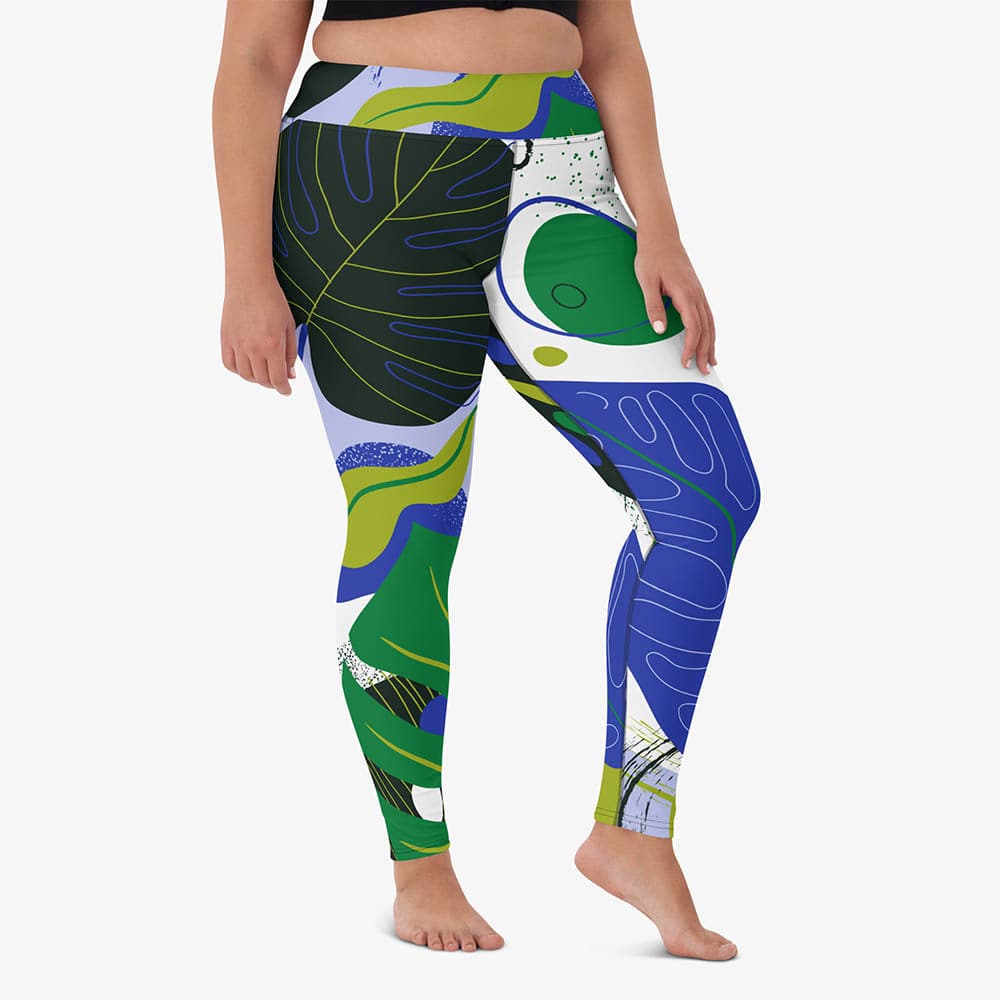 WAREHOUSE Floral Leggings "Abstract Leaves" Black/Blue/Green