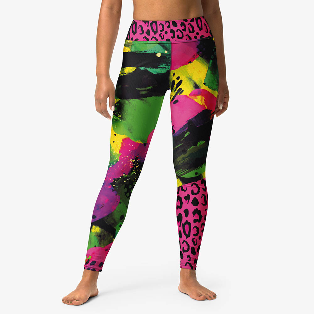 Front view of white yoga leggings with abstract print.