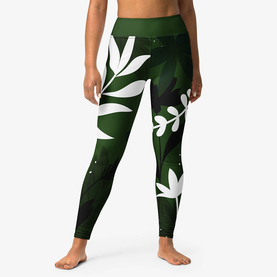 Floral Leggings "Night Garden" Green/White