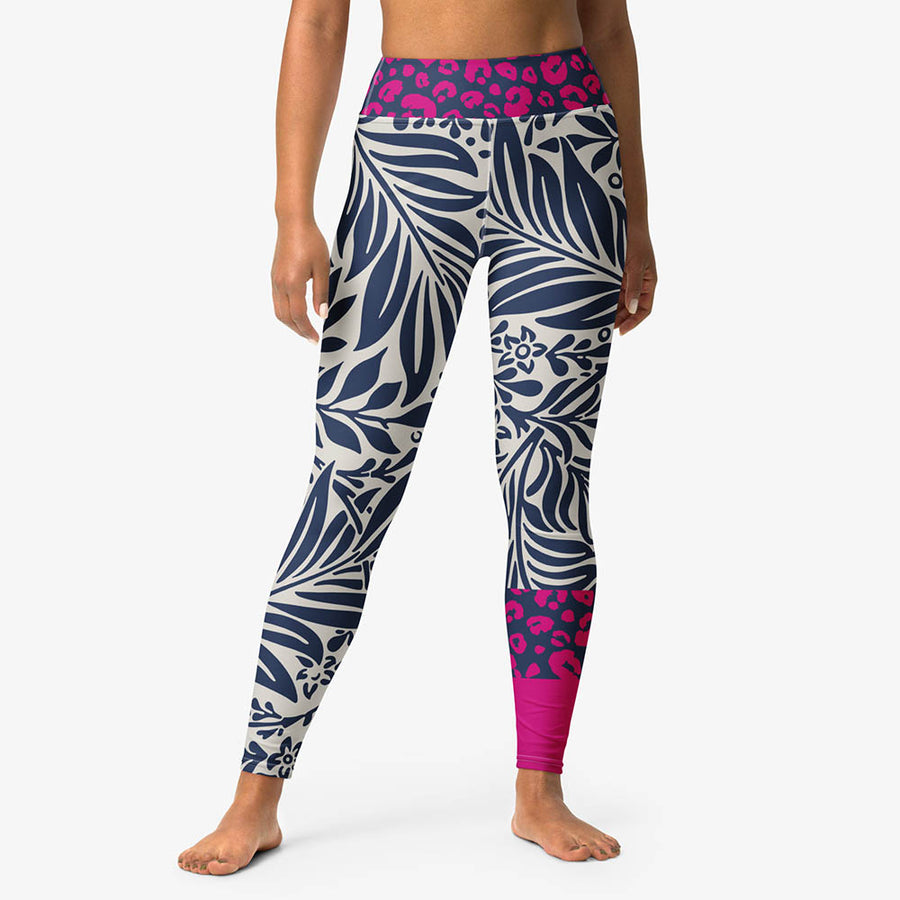 Floral Leggings “Palms & Pards” White/Blue/Fuchsia