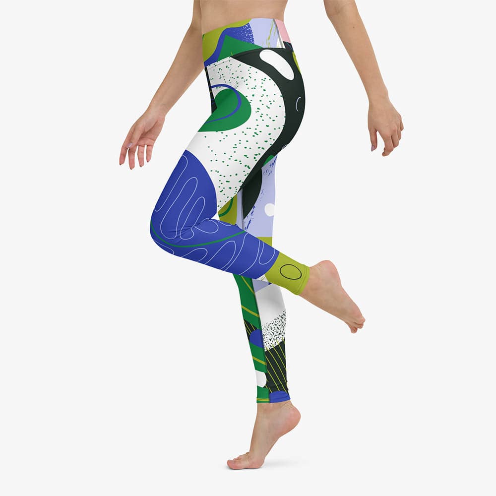 WAREHOUSE Floral Leggings "Abstract Leaves" Black/Blue/Green