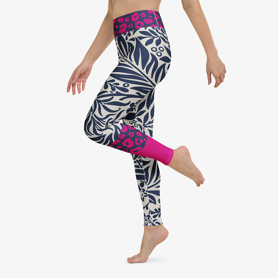 Floral Leggings “Palms & Pards” White/Blue/Fuchsia