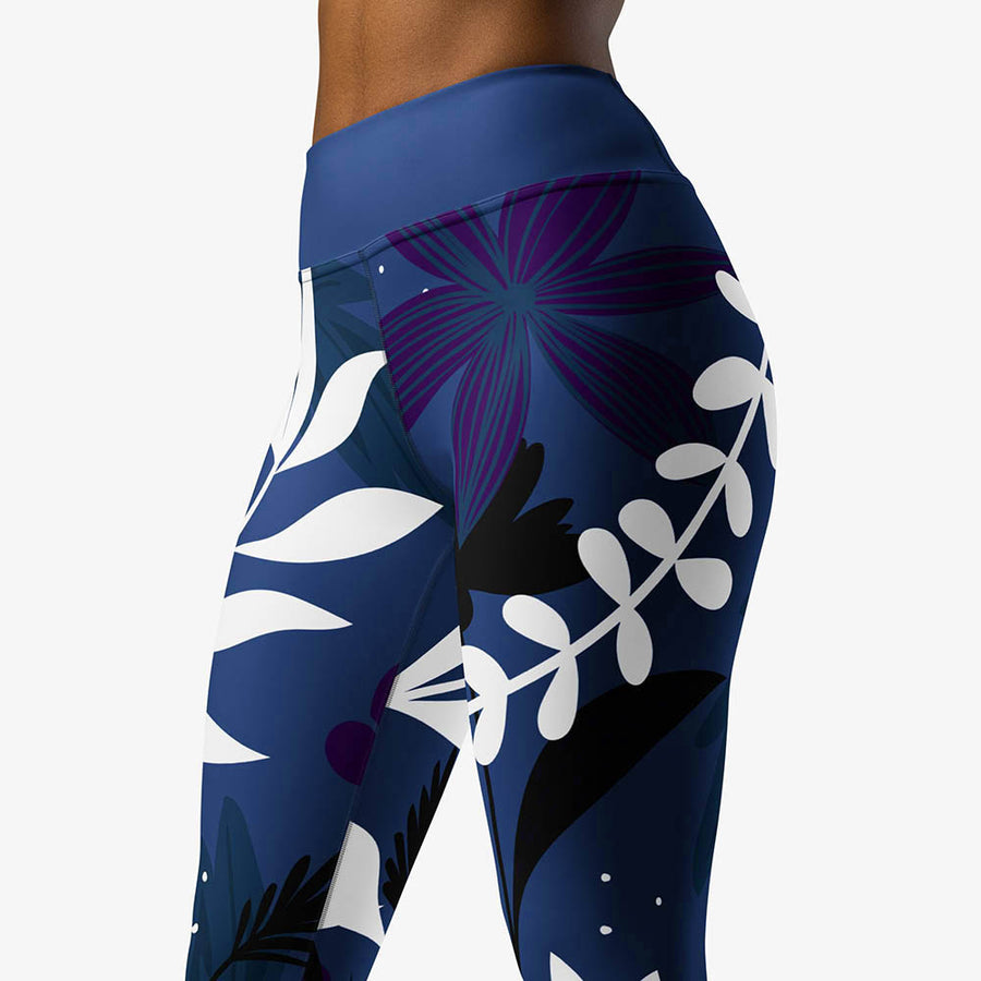 Floral Leggings Night Garden Blue White Loony Legs