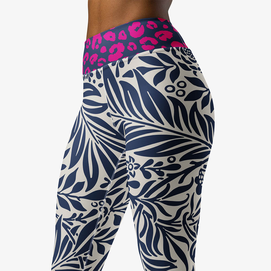 Floral Leggings “Palms & Pards” White/Blue/Fuchsia