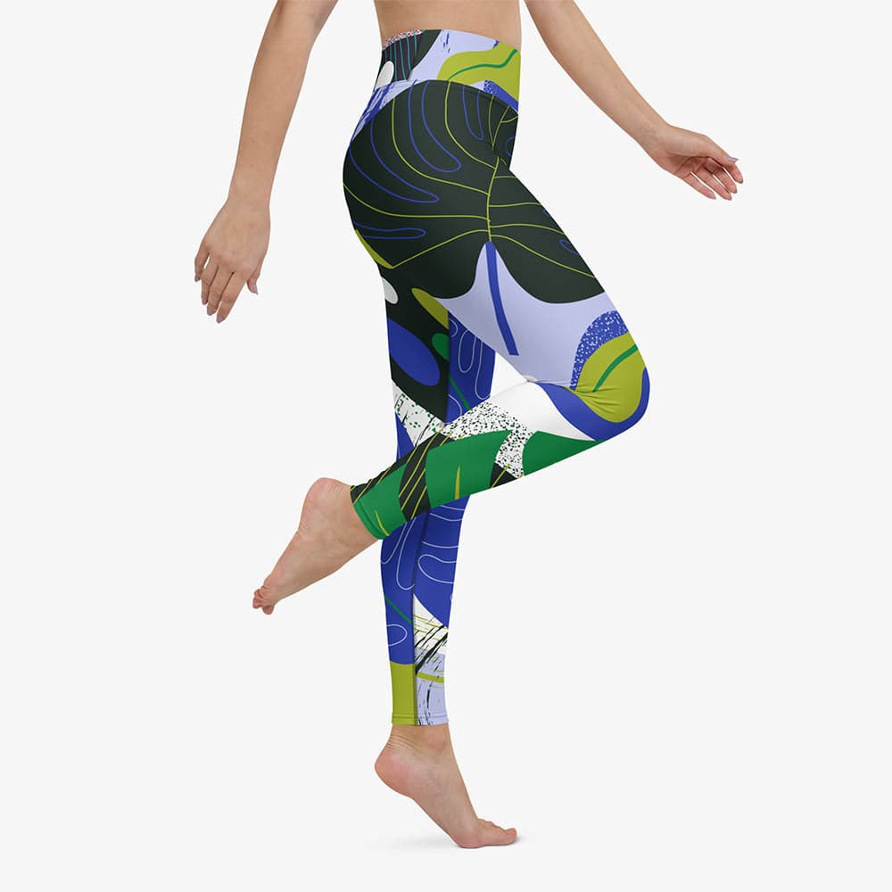 WAREHOUSE Floral Leggings "Abstract Leaves" Black/Blue/Green