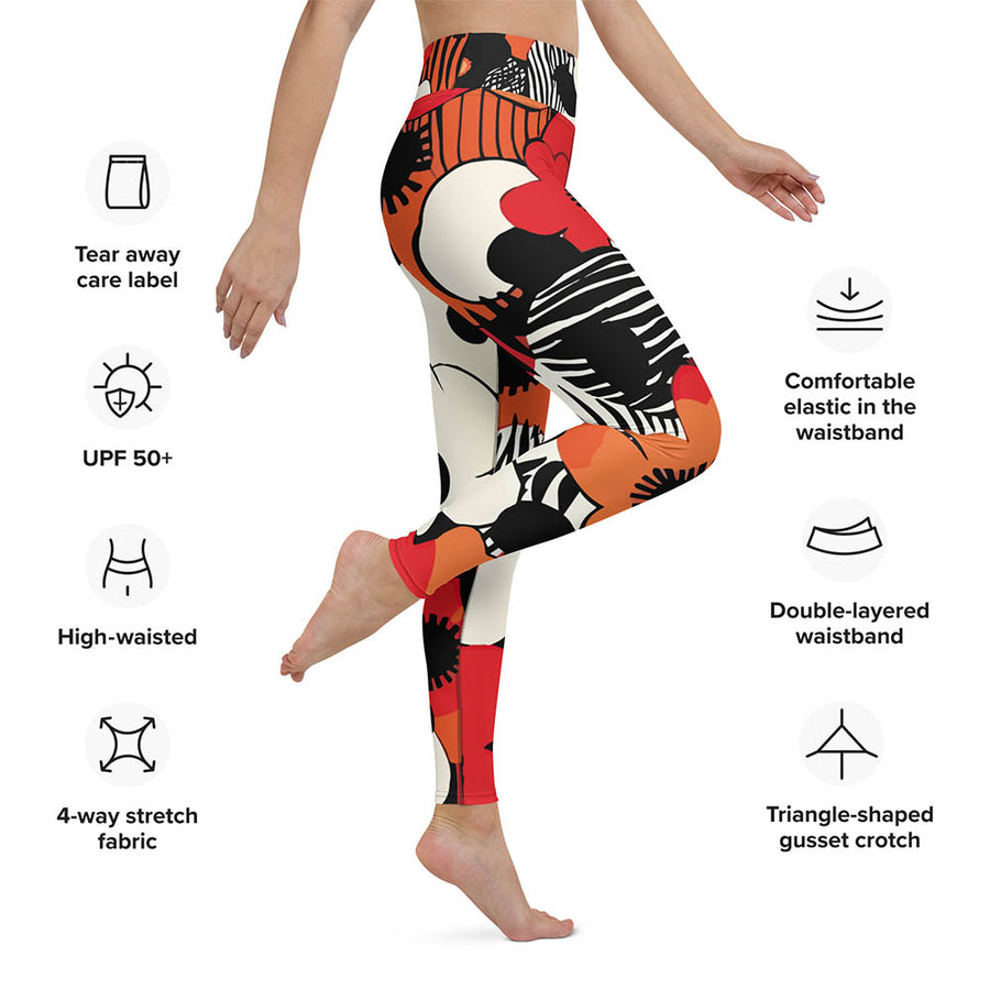 Floral Leggings "Zebra Blossom" Black/Red/Orange