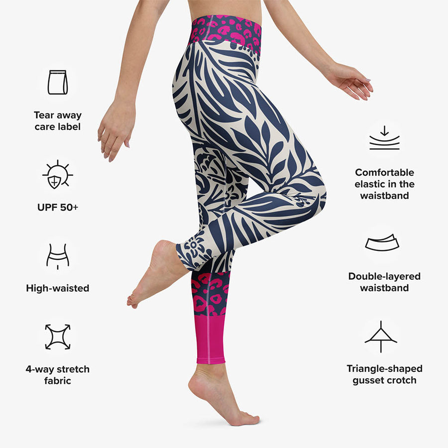 Floral Leggings “Palms & Pards” White/Blue/Fuchsia