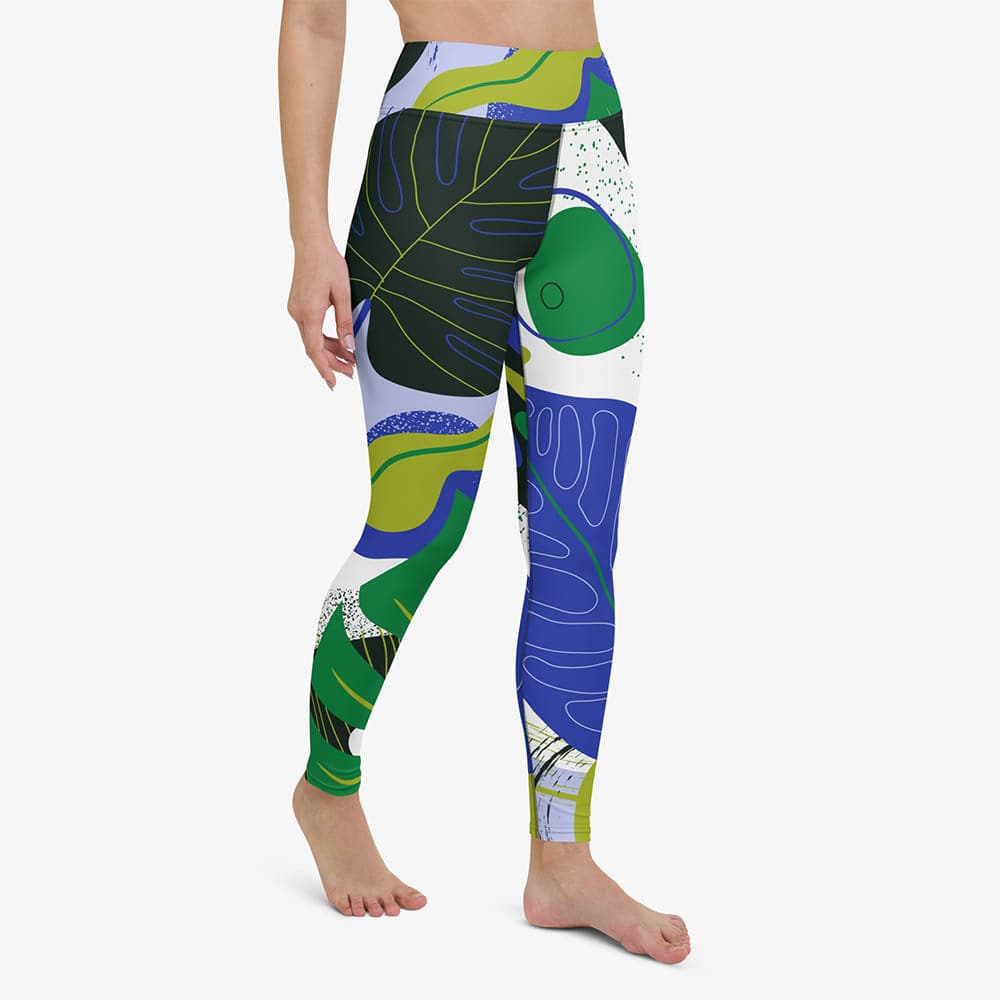 WAREHOUSE Floral Leggings "Abstract Leaves" Black/Blue/Green