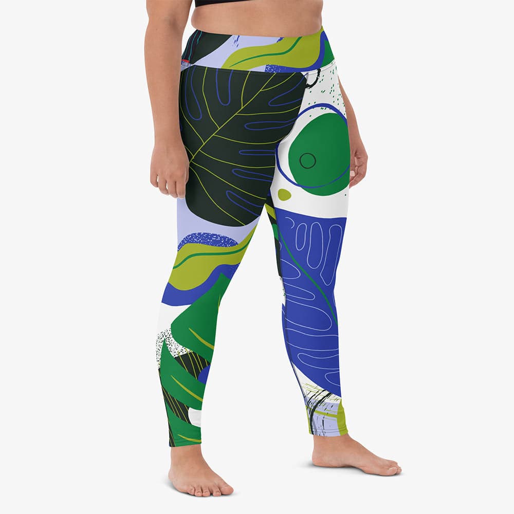 WAREHOUSE Floral Leggings "Abstract Leaves" Black/Blue/Green